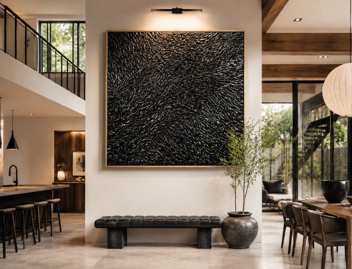 MOTION — Original Art by Teraza Twiggs Motion captures movement in a moment that feels almost alive. Layers of rich black texture flow across the surface, drawing the eye in different directions as light moves across every raised detail.